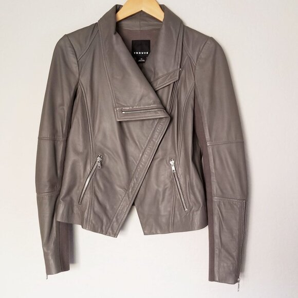 Trouve Asymmetric Drape-Front Soft 100% Genuine Leather Jacket Taupe Gray XS - Picture 2 of 16